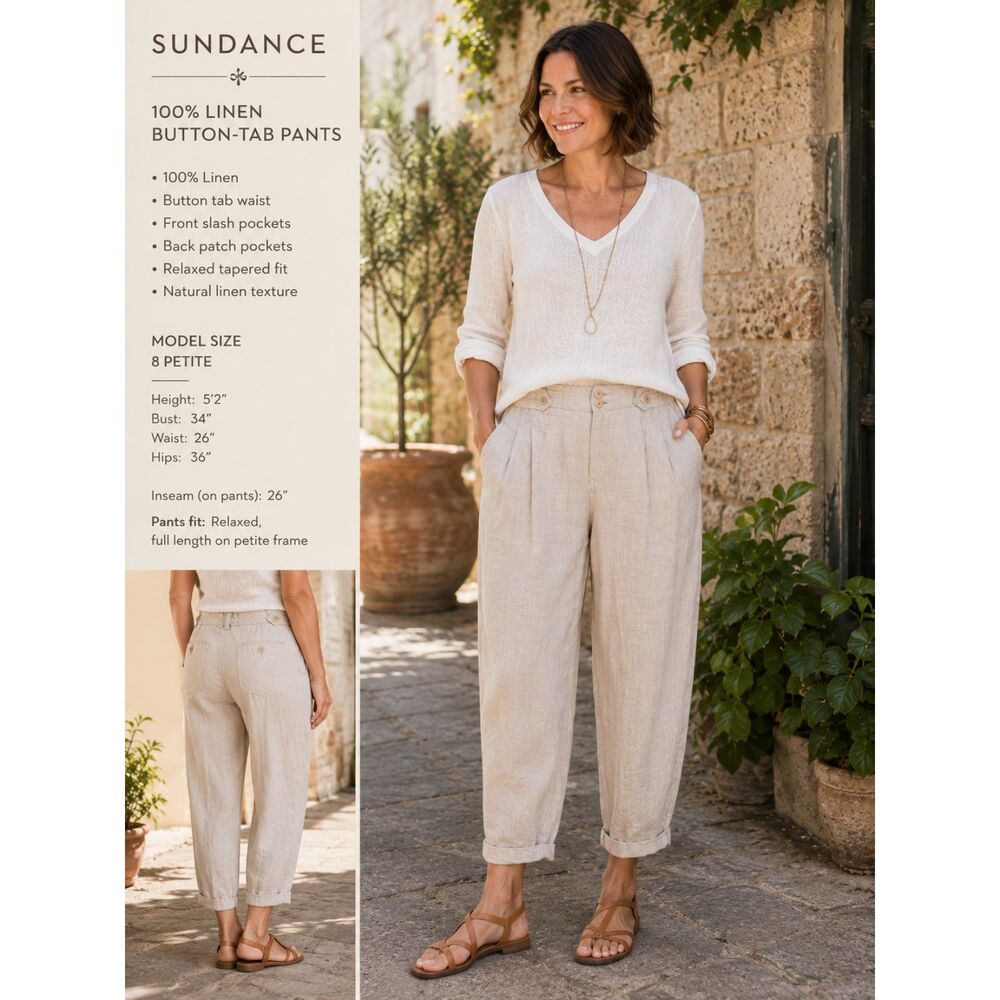 Sundance Amaya High Waist Linen Pants Beige Striped Button Tab Lagenlook Artisan